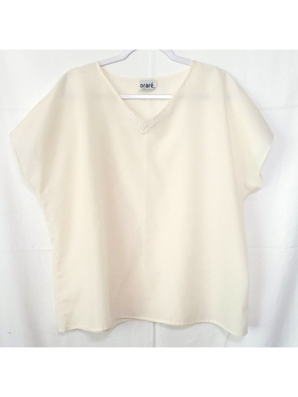 Vtg Oraré Womens Cream V-Neck Blouse Lace Trim 20W USA Made Career Cottage